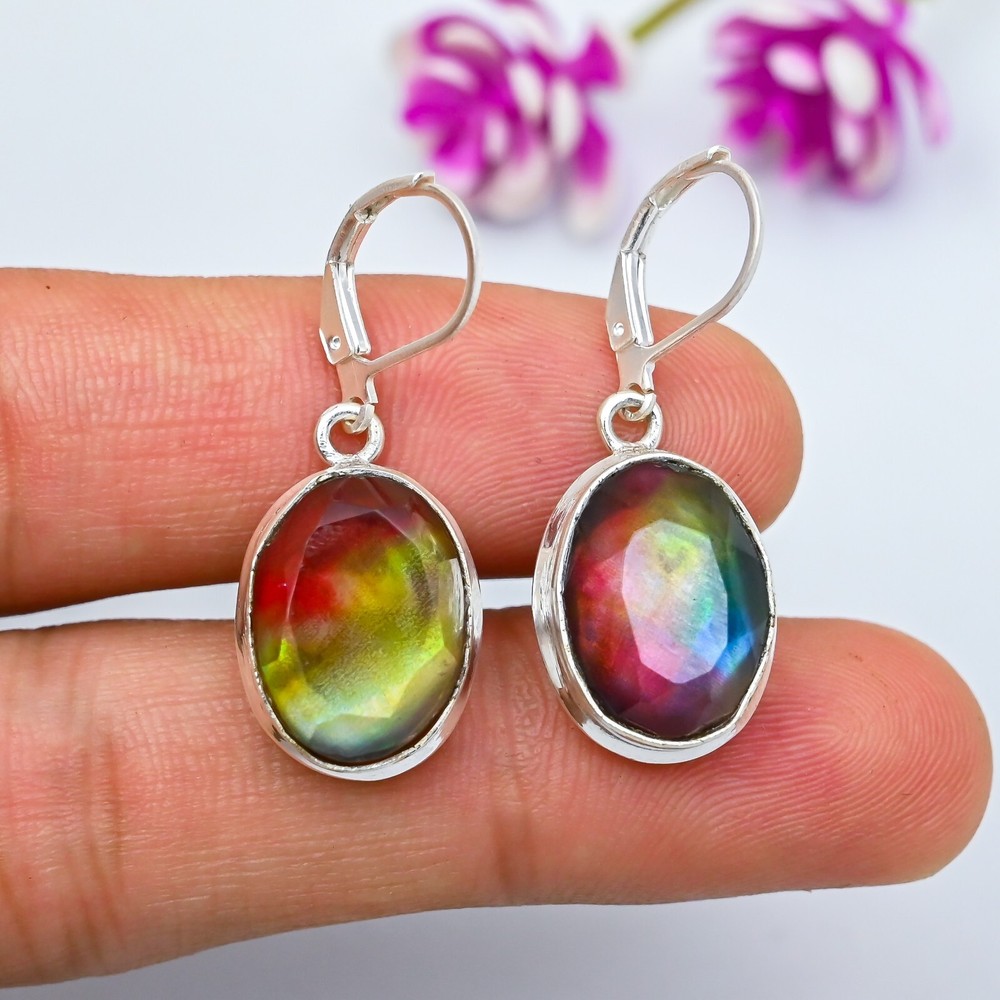 Natural Ammolite Gemstone Handmade 925 Sterling Silver Jewelry Earrings For Gift