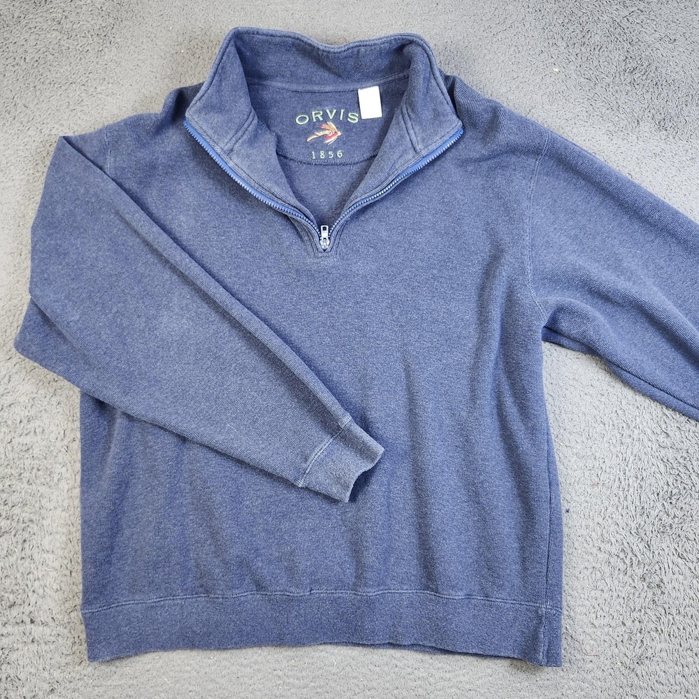Orvis Sweater Mens Large Blue 1/4 Zip 100% Cotton Pullover Casual Outdoor