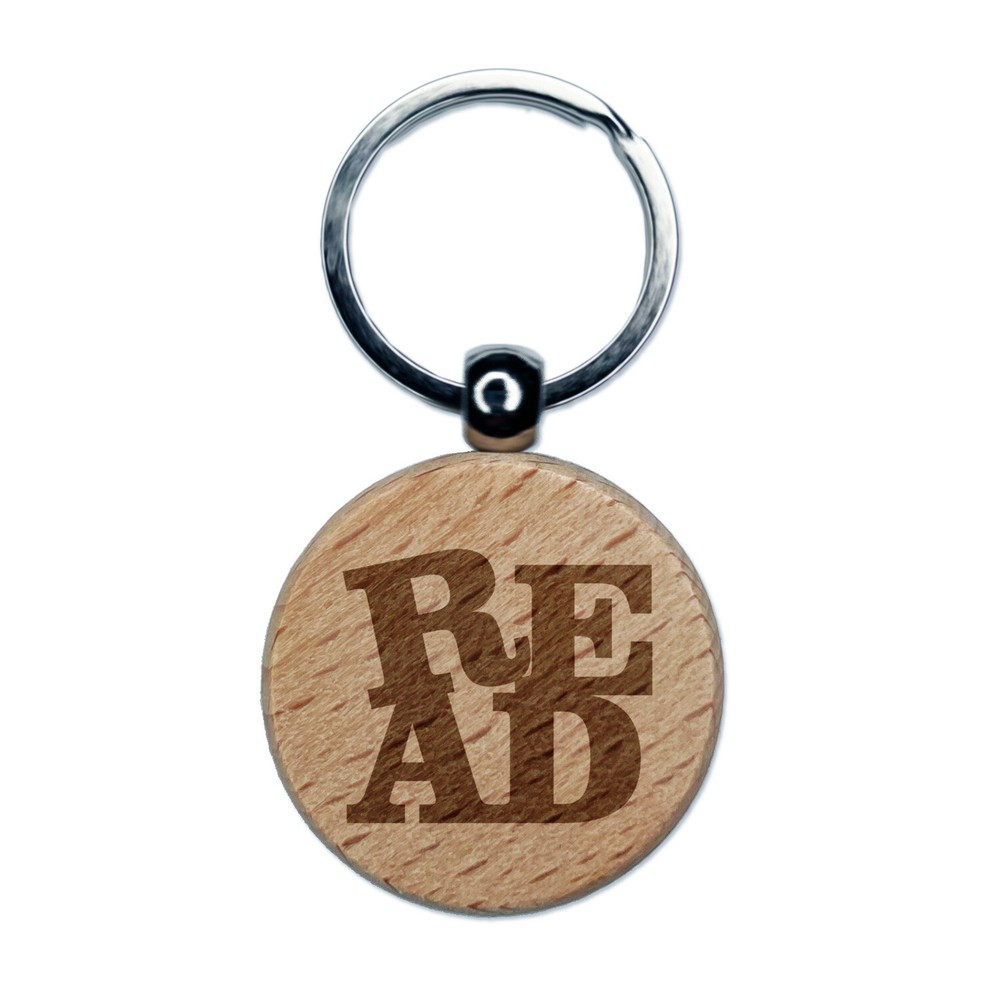 Read Stacked Text Engraved Wood Round Keychain Tag Charm