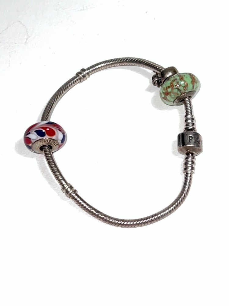Authentic Pandora Ale Sterling Silver Snake Bracelet w/ Italy Murano Glass Charm