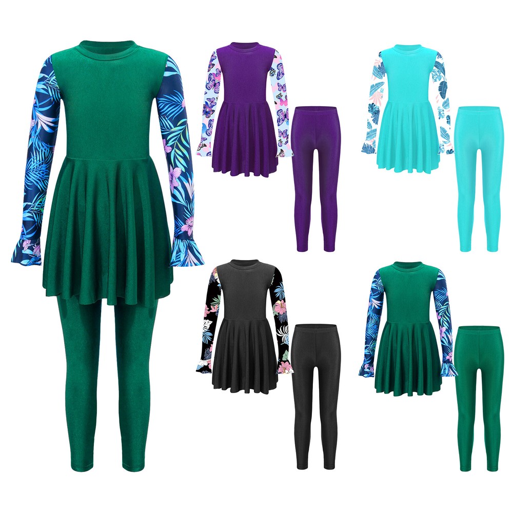 US Kids Girl's Rash Guard Swimsuits UPF 50+ Long Sleeve Swim Dress and Pants Set