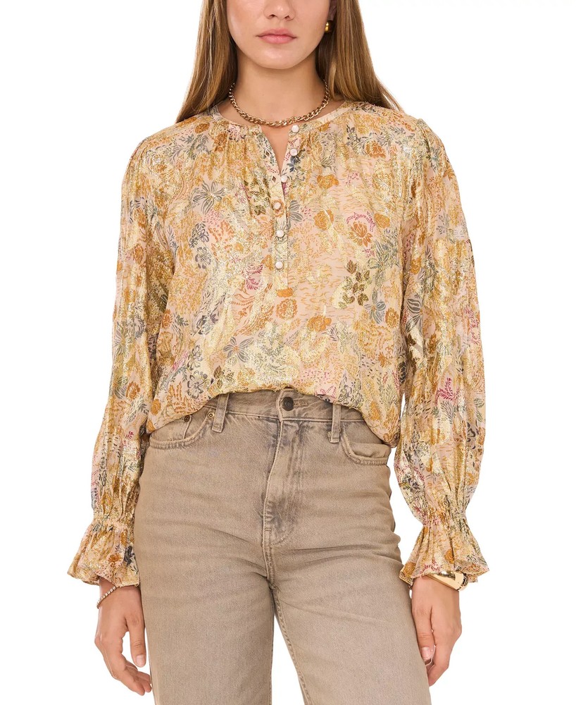 1.STATE Women's Top Sz L Printed Button-Front Long Sleeve Blouse