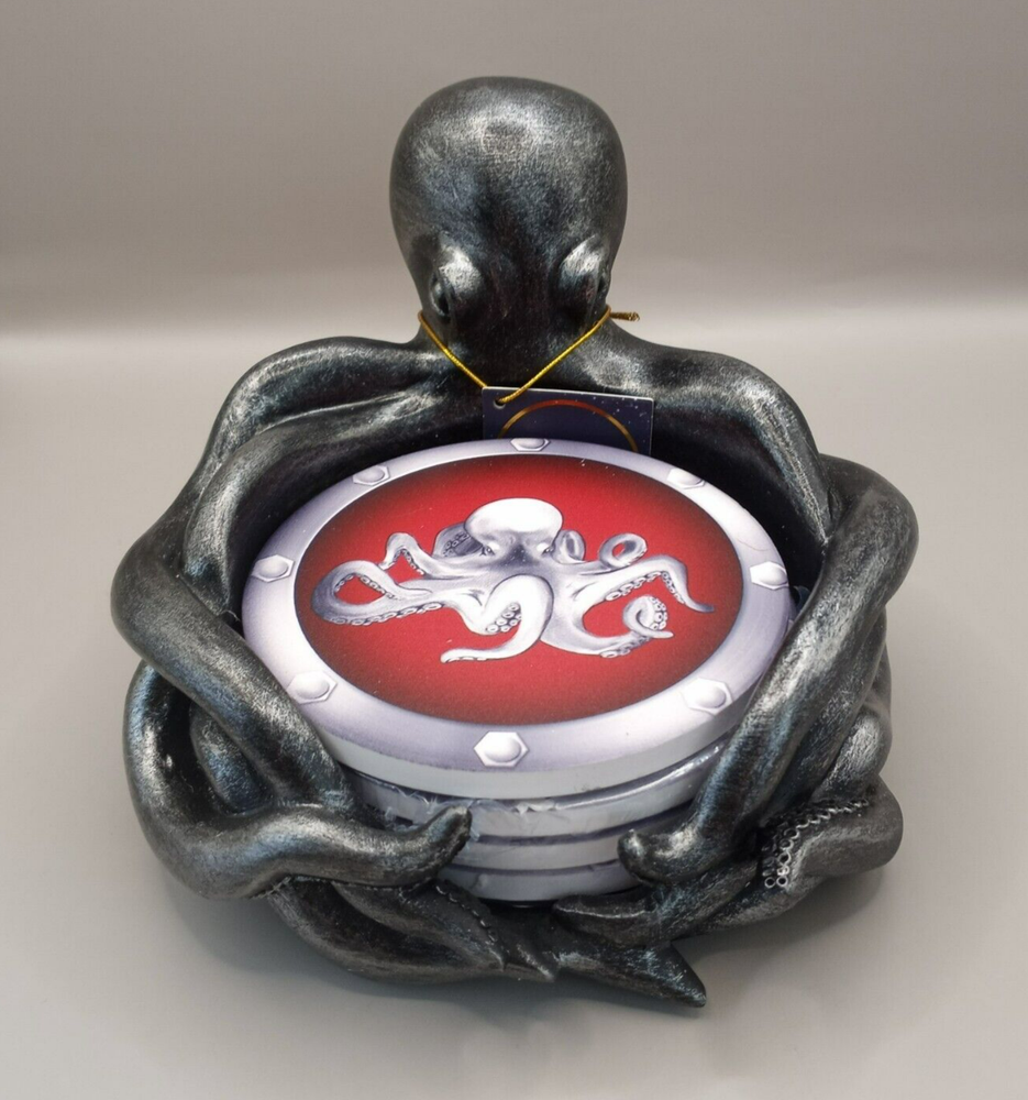 Resin Silver Octopus Holder with 4 Ceramic Cork Coasters Set