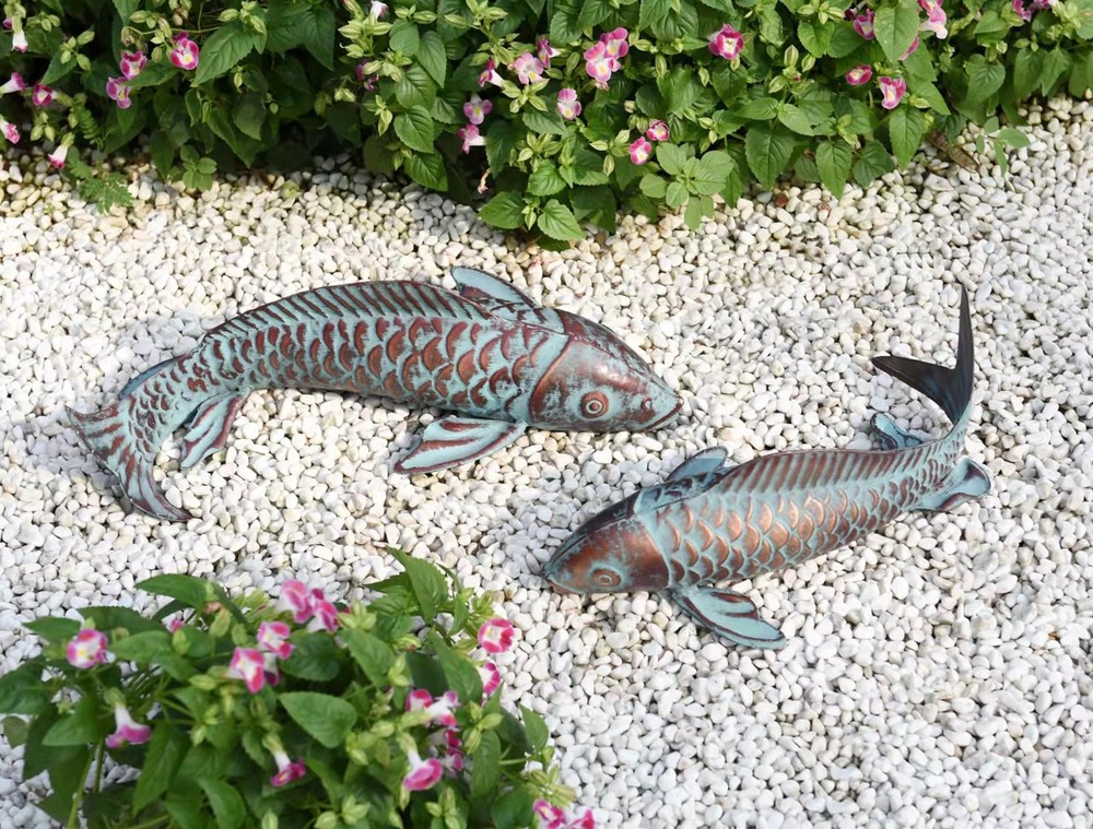 Set of 2 Antique Copper Koi Fish Garden Statues for Outdoor Pond Decor