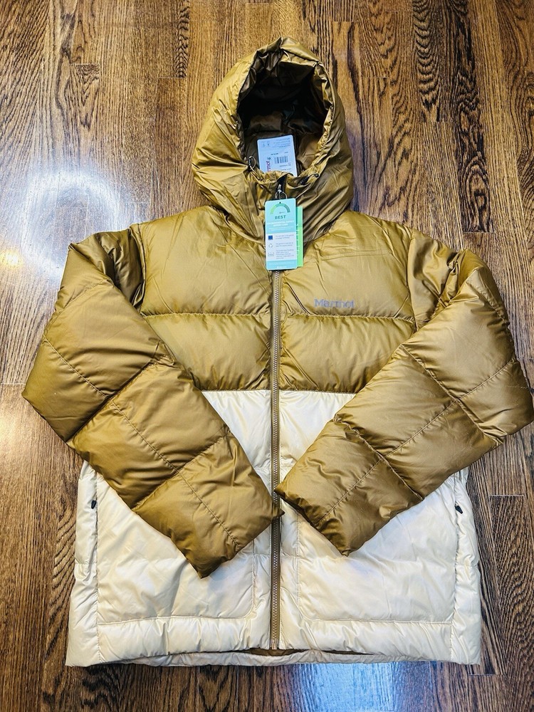 $299 Marmot Guides Down Hoody Puffer Jacket Hazel Brown Cream Men’s Medium
