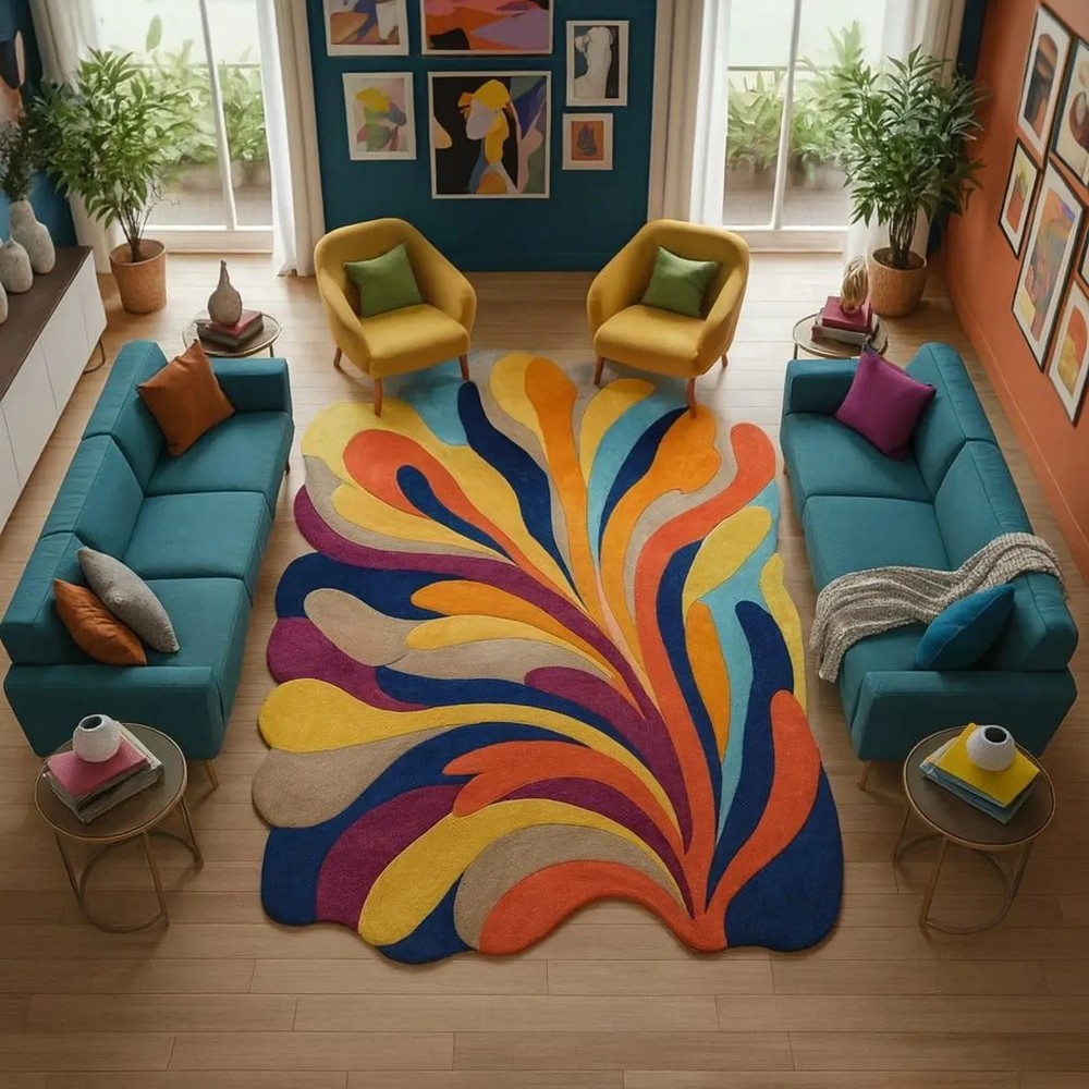 Modern Abstract Irregular Rug – Colorful Retro Swirl Area Rug | Artistic Stateme