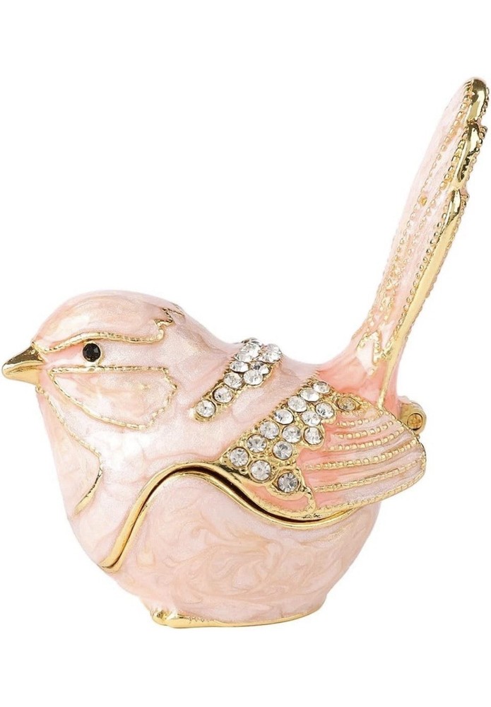 Hand-Painted Enamel Pink Bird Trinket Box – Rhinestone Mini Jewelry Organizer