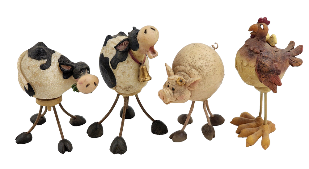 4 Lot: Bobble Cows Pig Hen w/Chicks Resin(?)Use marks.See video and photos.