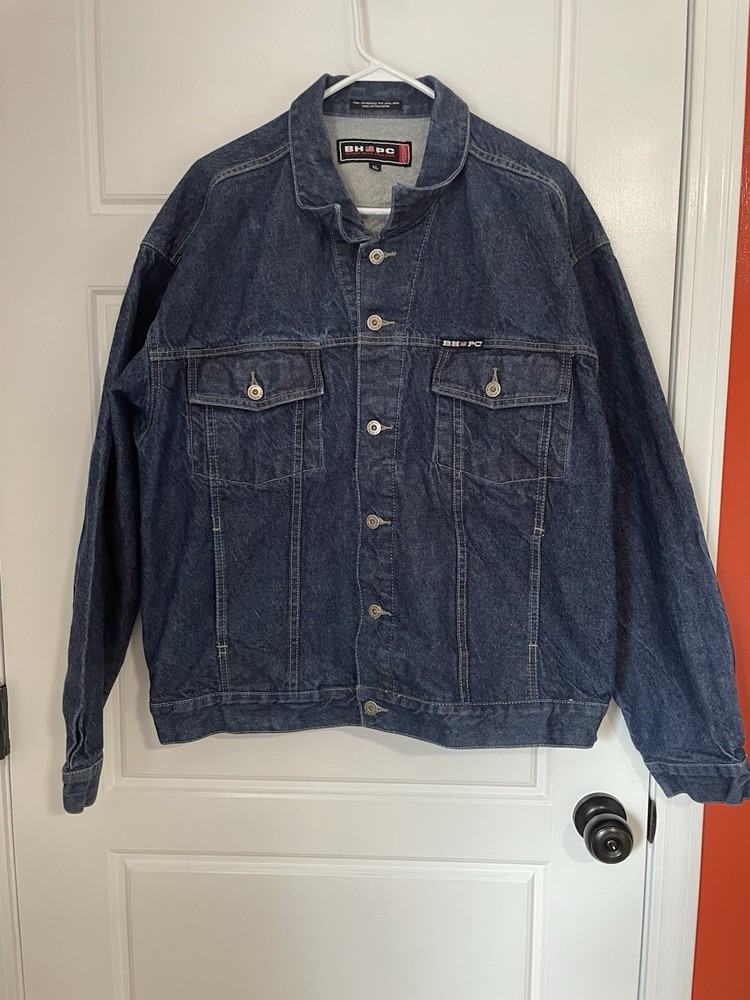 Jean Jacket Beverly Hills Polo Club USA Flag Patch Blue Dark Wash Sz XL
