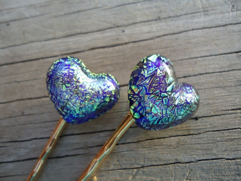 Dichroic Glass Blue Heart Bobby Pins Gold Tone Hair Clip Pair