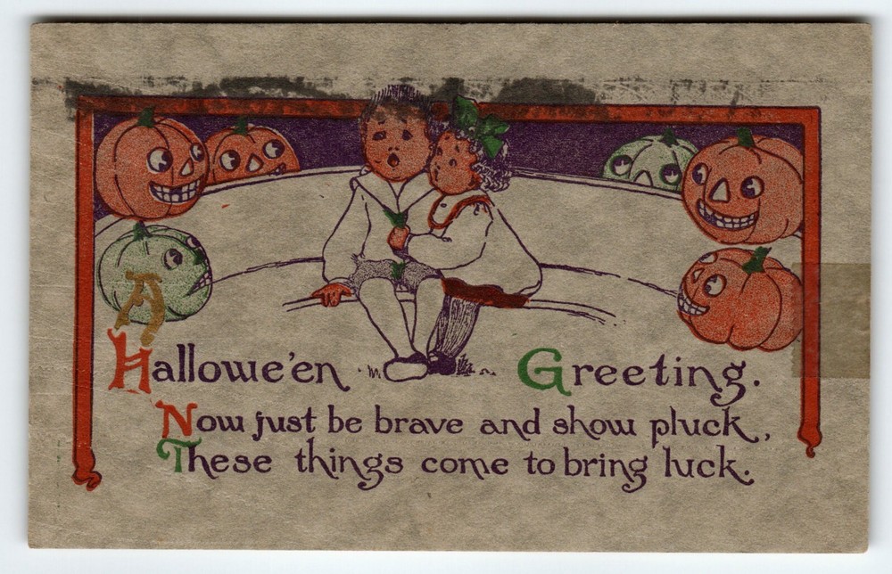 Halloween Postcard Boy Girl JOL Pumpkins Textured Everett Studios Antique 1916