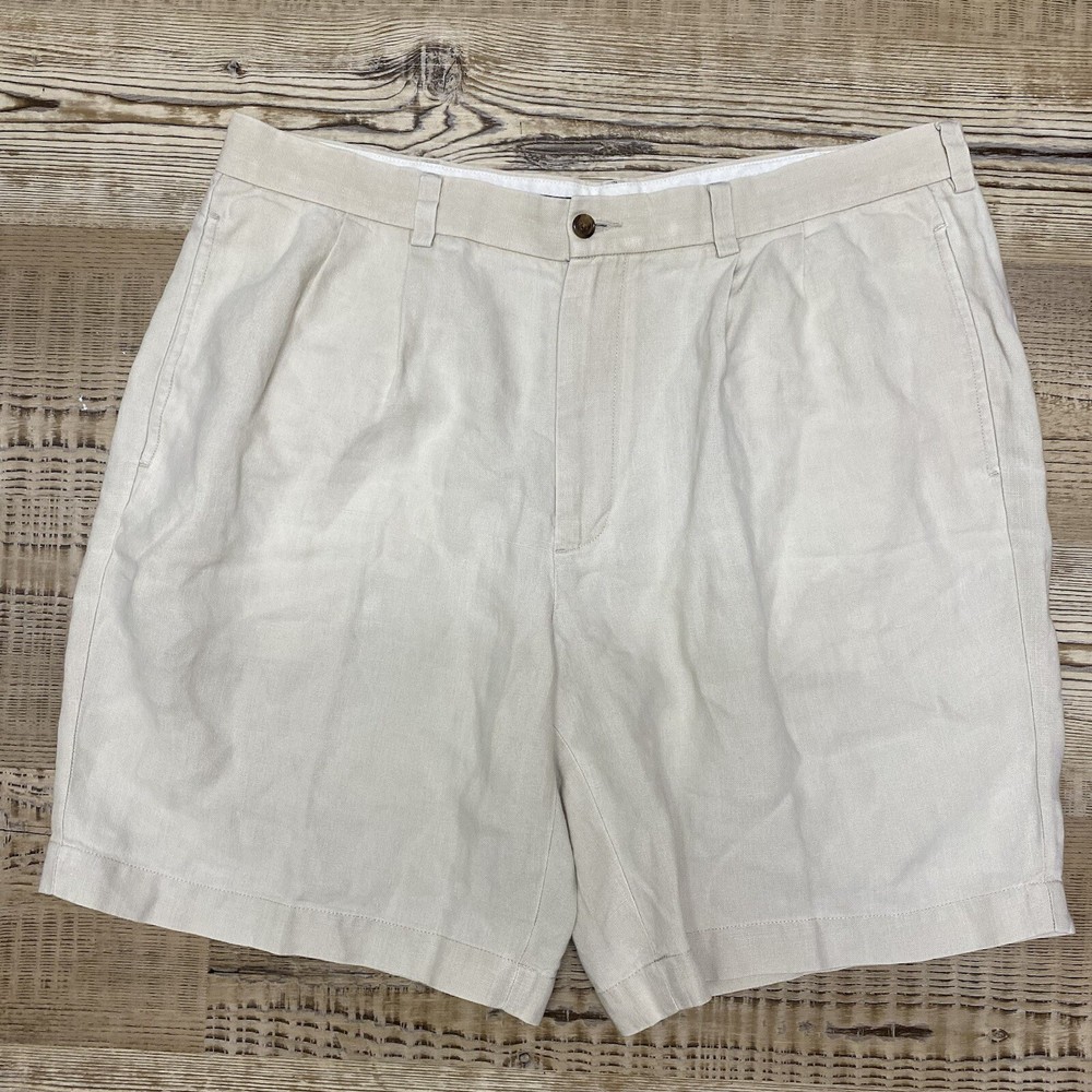Brooks Brothers Shorts Mens 38 Light Beige Irish Linen Pleated Chino Preppy 8