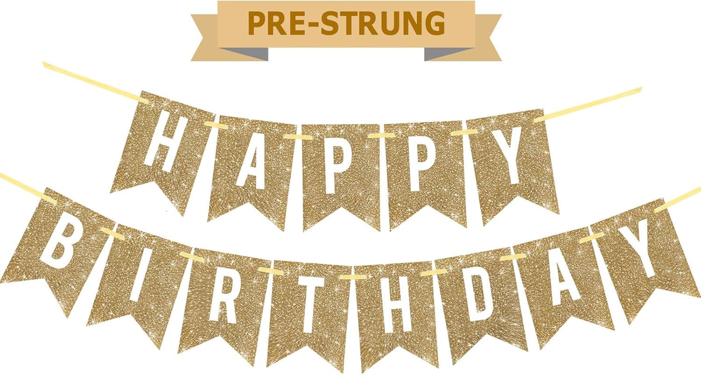 Pre-Strung Gold Happy Birthday Banner Decorations,12 Ft No DIY Gold Glitter Birt