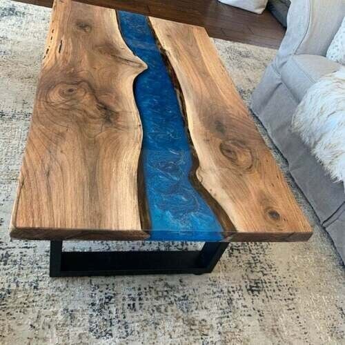 Wood Rectangular Table ,Dining Table Set for Dining Room Blue Epoxy Resin Arts