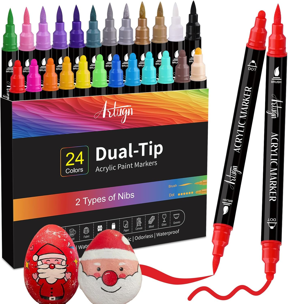 24 Colors Acrylic Paint Pens, Dual Tip Pens with Medium Tip and Brush Tip for Ro