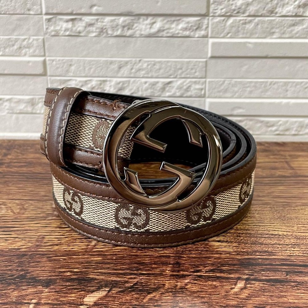 Authentic GUCCI GG Interlocking Buckle Belt in Brown Canvas & Leather Made in Italy