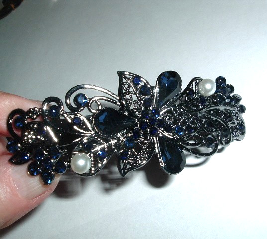 Vintage Blue Rhinestone And Pearl Floral Hair Barrette