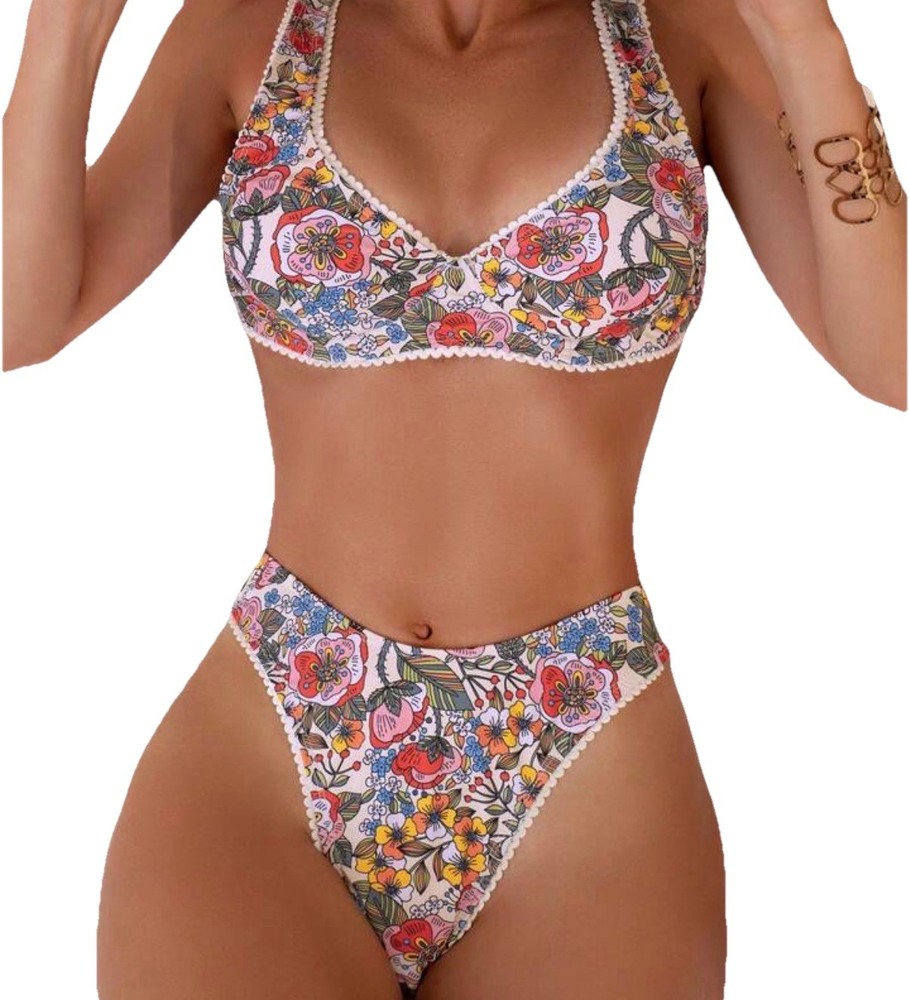 Women's Two-Piece Floral Swimsuit Tie Back 0XL Multicolor