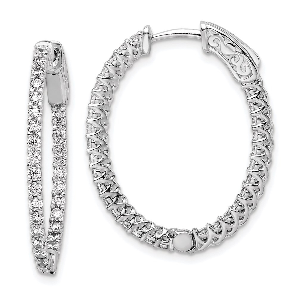 Sterling Silver 1.7mm Cubic Zirconia In and Out Oval Hinged Hoop Earrings 3.91gm