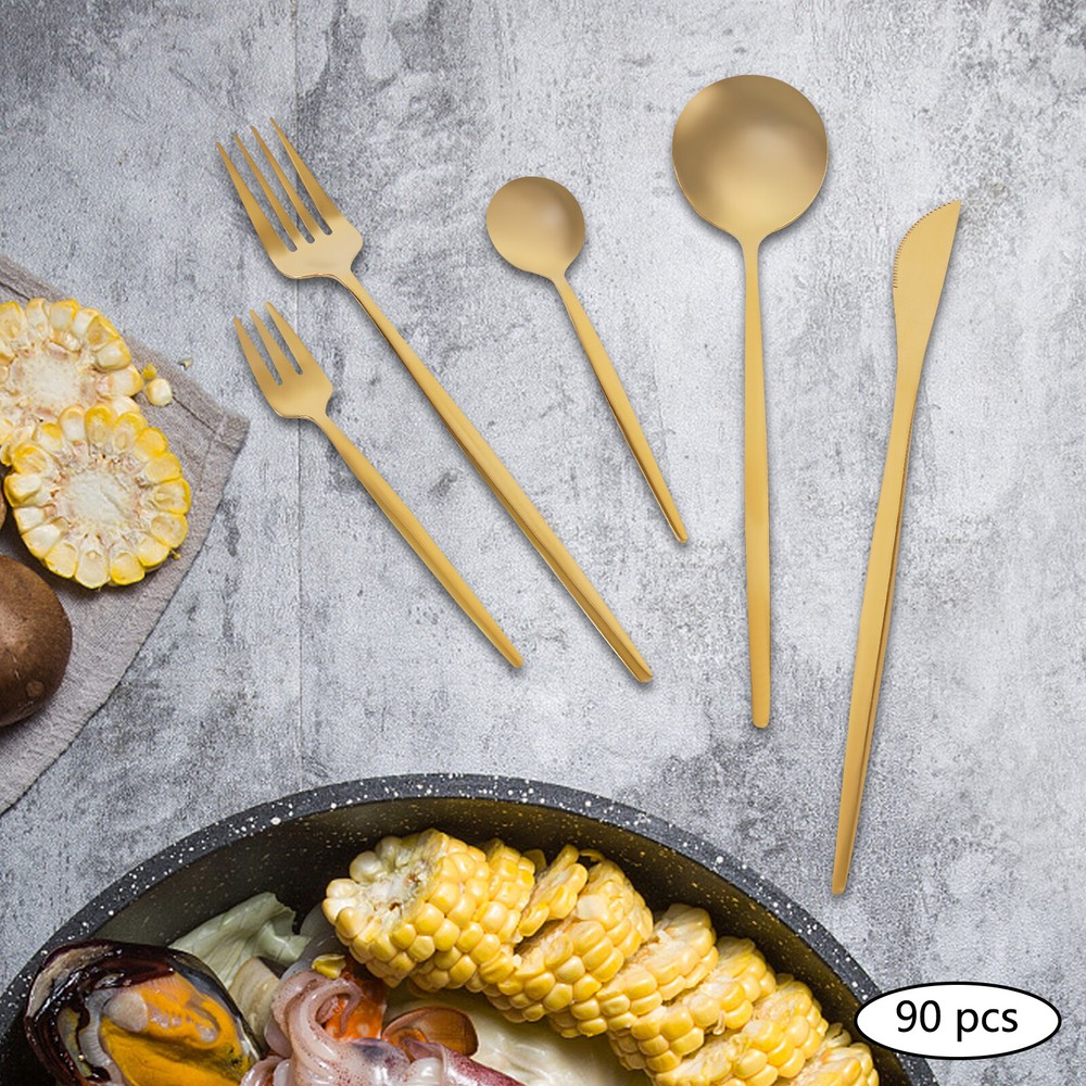 90 Pieces Gold Silverware Set Modern Stainless Steel Flatware Set Service For 18