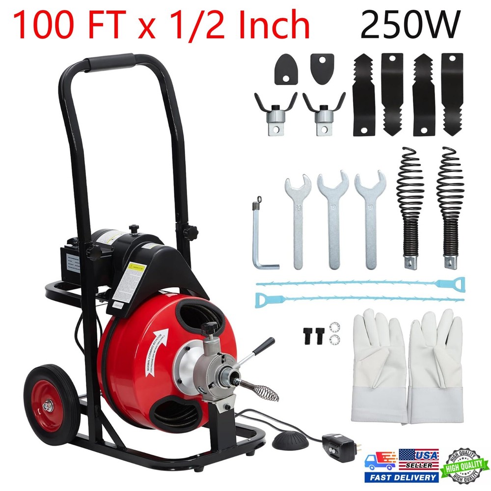 100FT x 1/2 Inch Drain Cleaner Machine 250W Electric Sewer Snake Auger w/ Cutter