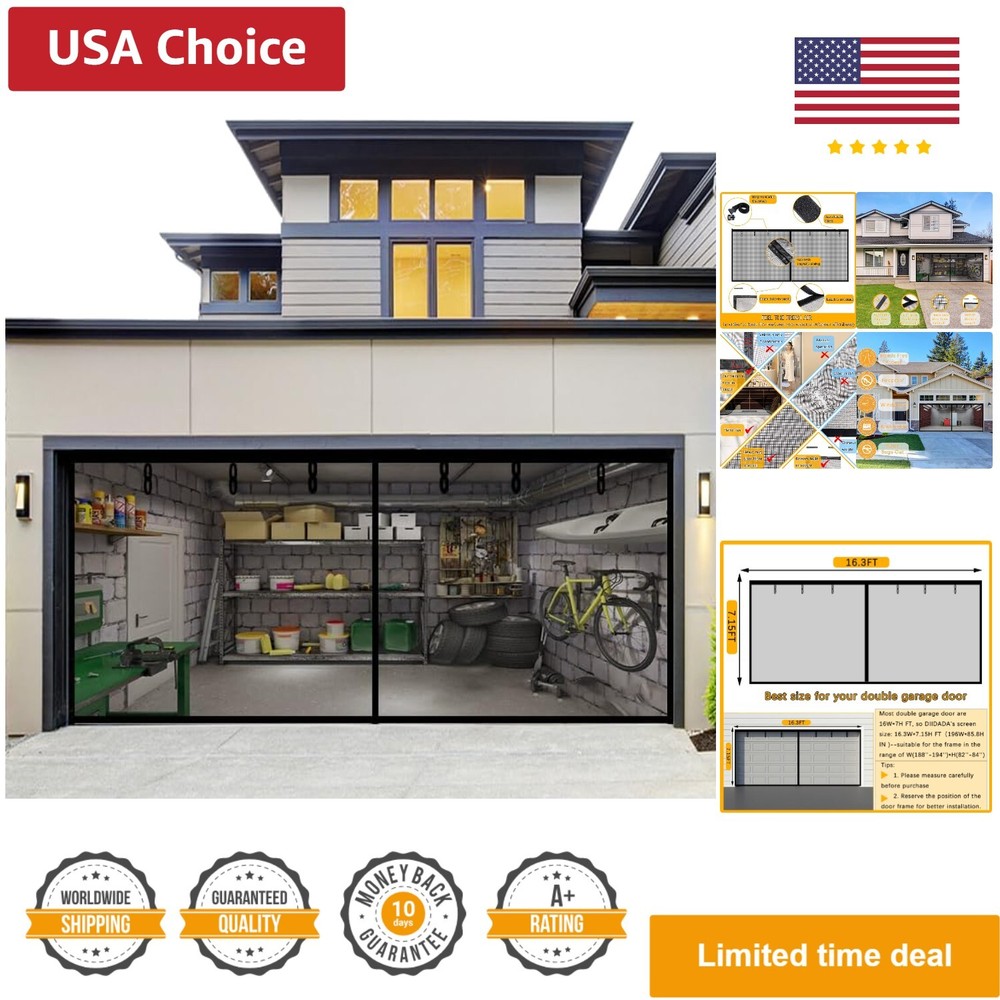 16x7FT Double Garage Screen Door - Fiberglass Mesh for 2 Car Garage Protection-image