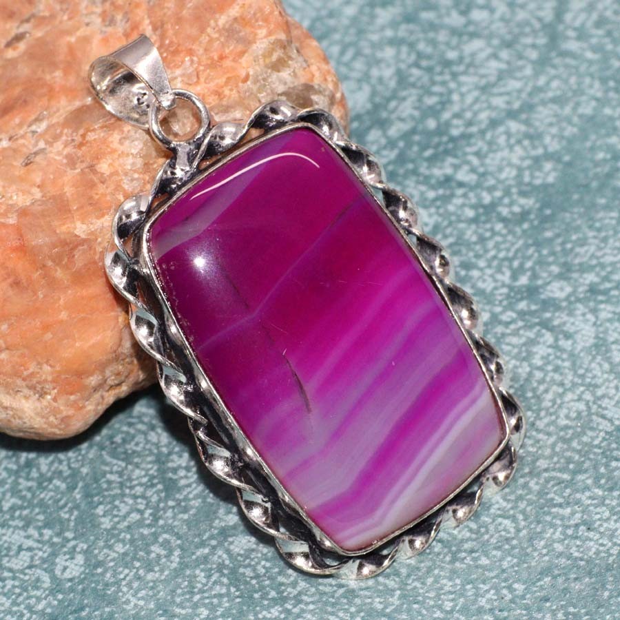 Pink Botswana Agate Silver Plated Handmade Gemstone Pendant 2.1 Inch Jewelry