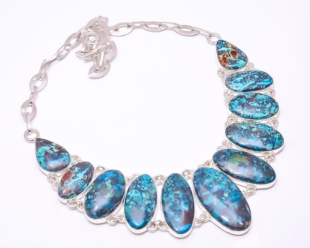 Natural Chrysocolla Gemstone 925 Sterling Silver Necklace 18-20 Inches Madagascar N5