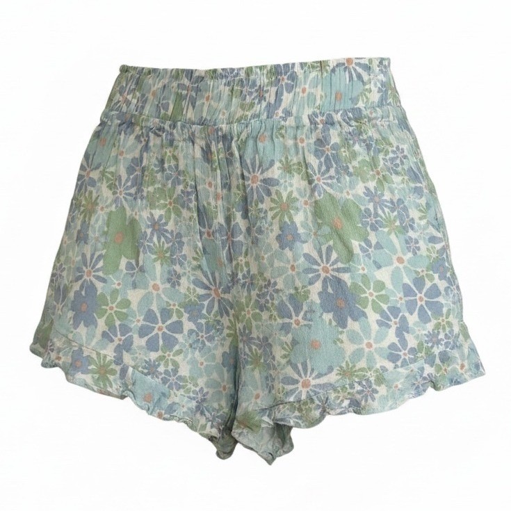 Hippie Rose Blue Floral Ruffle Hem Shorts  NWT Women's Lg Blue Green Boho Summer
