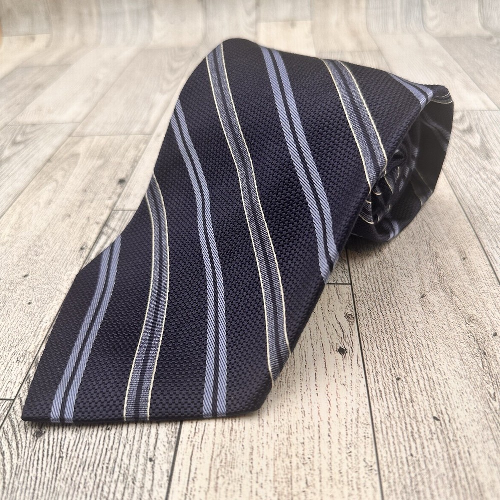 Brooks Brothers Makers Silk Blend Tie Navy Blue Stripes Design Made in USA 58”L