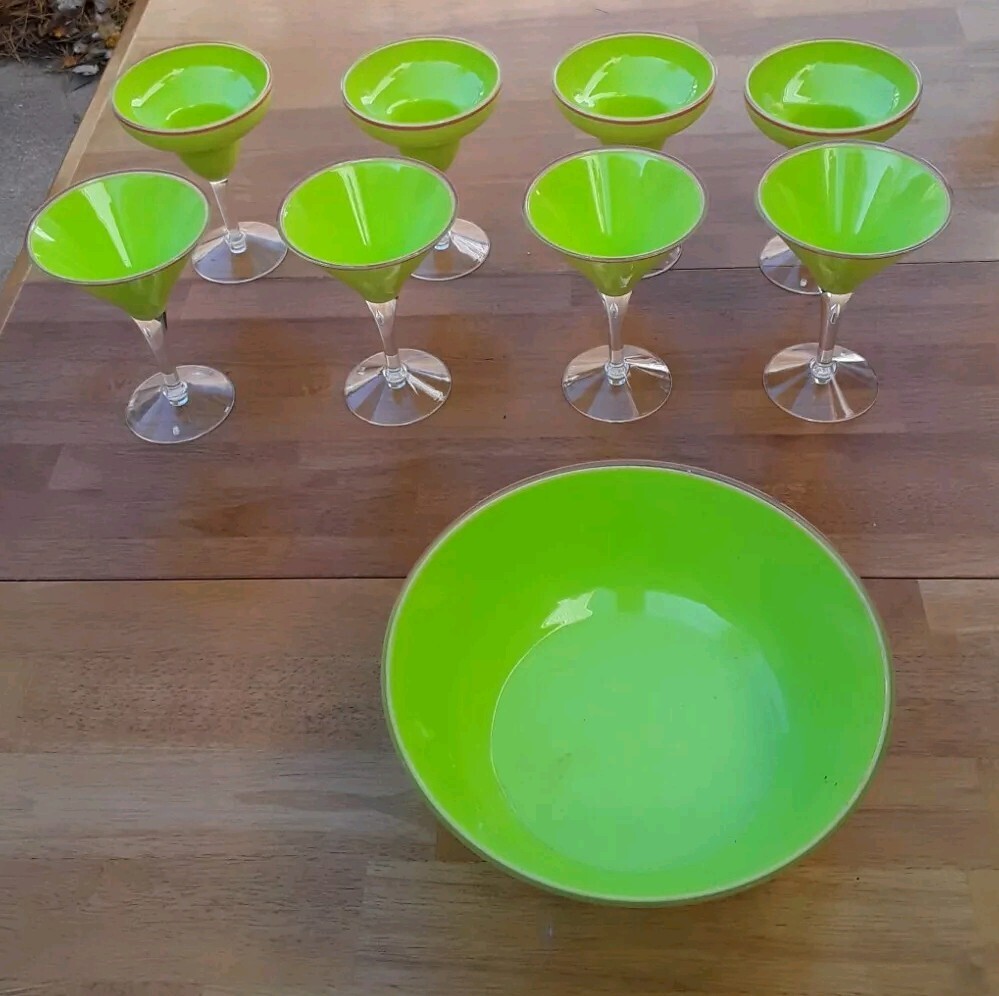 Neon Green 9-Piece Martini Margarita Stem Glasses with Snack Bowls