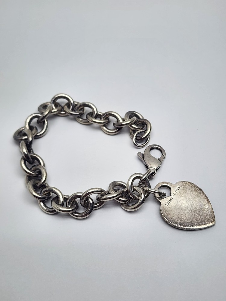 Tiffany & Co Sterling Silver Blank Heart Tag Charm Bracelet 7.5