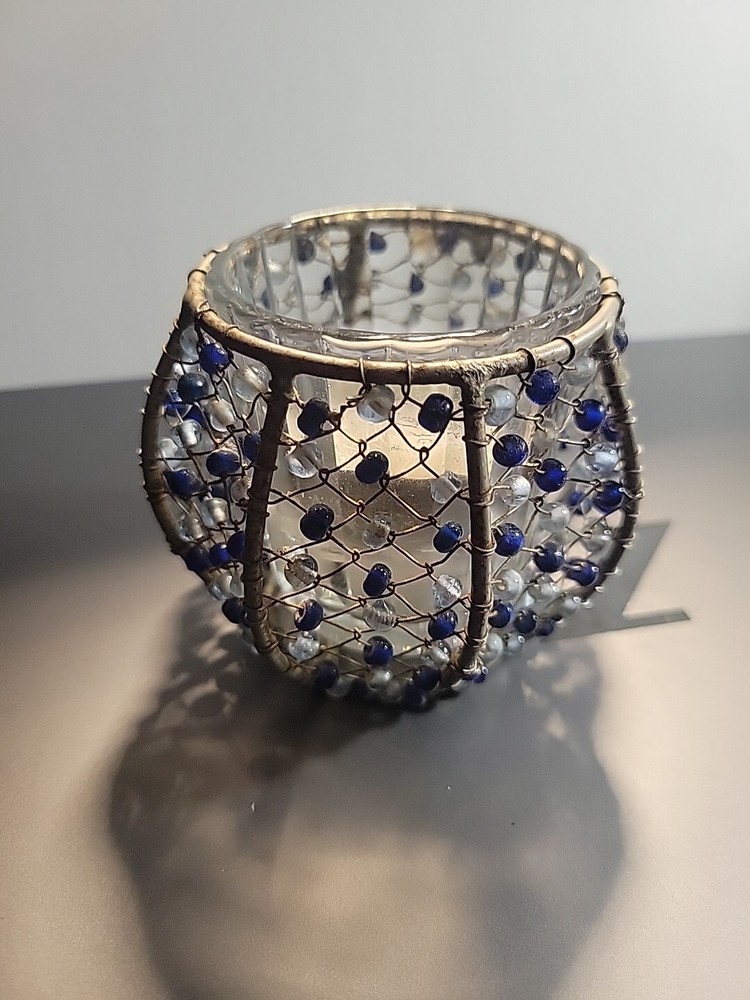 Beaded Metal Tealight Candle Holder with Blue Clear Glass Beads Mexican Votive