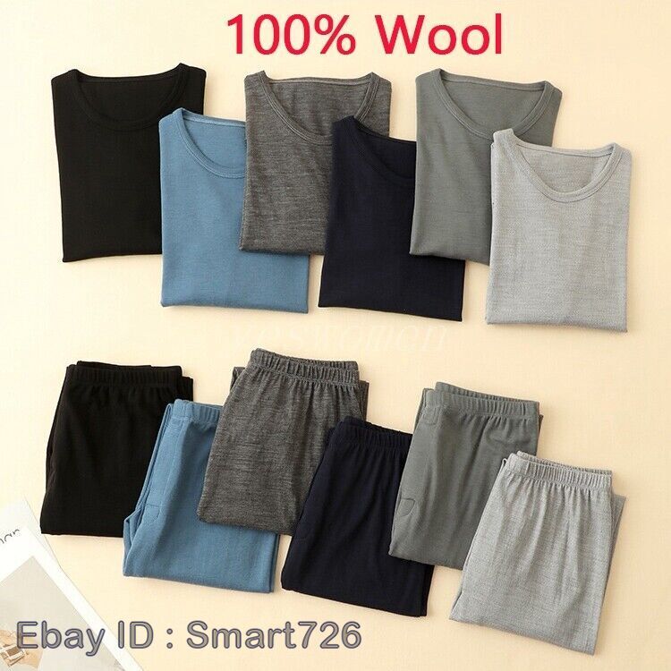 Men Wool Long Johns Thermal Underwear Nightgown Base Layer Set Shirt Pants