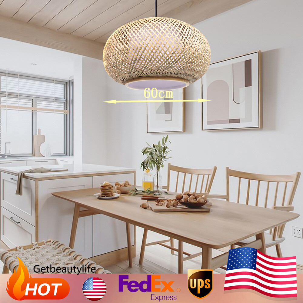 Vintage Cage Chandelier Light Hand-woven Bamboo Rattan Lantern Pendant Lamp 40W