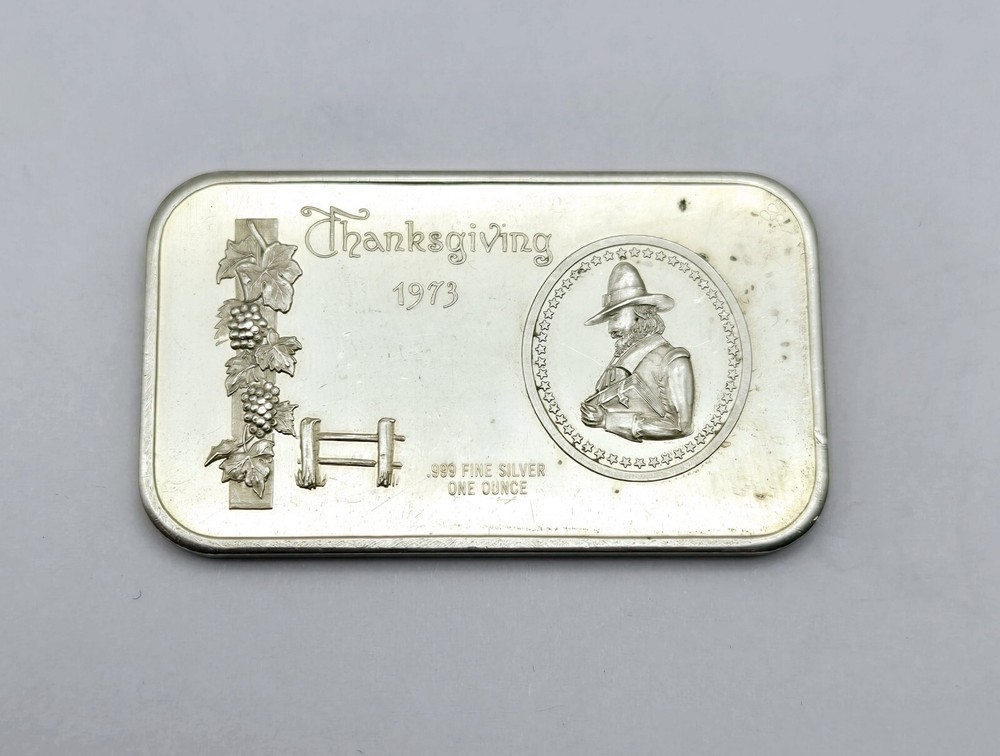 .999 Fine Silver 1 Troy Ounce Thanksgiving 1973 Art Bar - Madison Mint