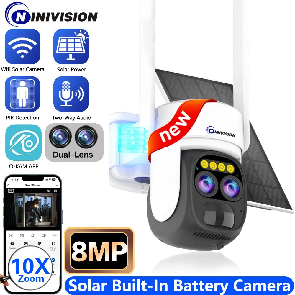 10X Zoom Dual Lens WIFI Solar Cameras 8MP Wireless PTZ Battery 4K  Two Way Audio