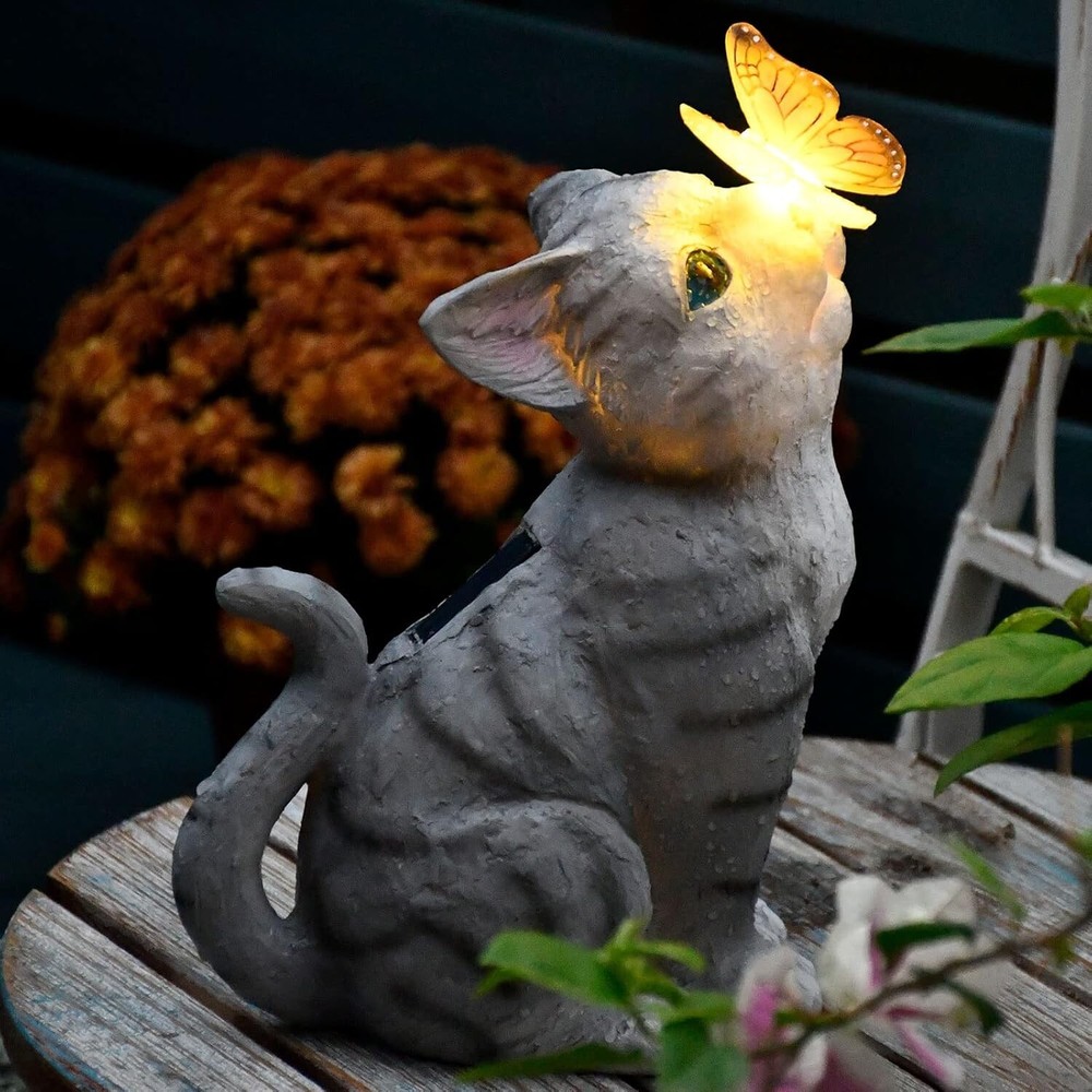 Solar Garden Statue Loving Cat Color Changing LED Lights Outdoor Decor Yard