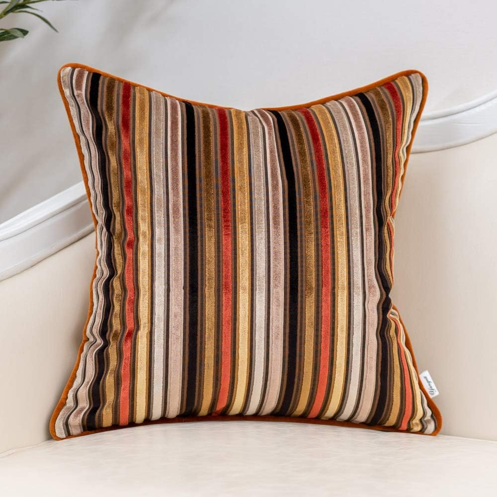 Yangest Orange Striped Throw Pillow Cover Multicolor Velvet Cushion Cover Modern