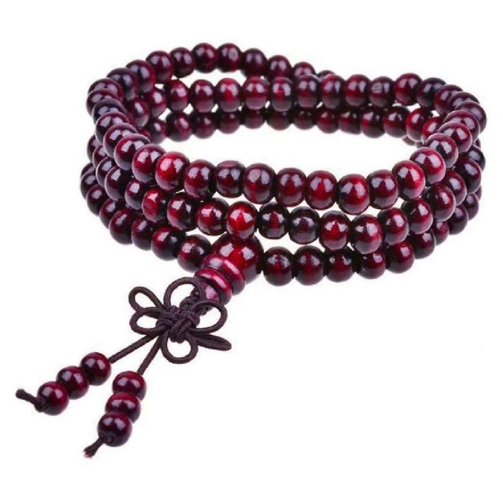 Stretch Wrap Mala Bracelet 108 6mm Buddha Bead Red Wood Prayer Buddhist Tassel