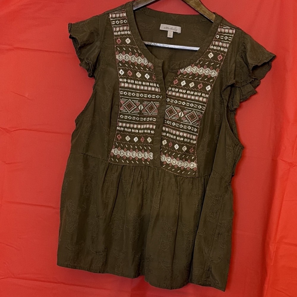 Wonderly Embroidered Ruffle Sleeve Split Neck Cotton Tunic Blouse Brown L
