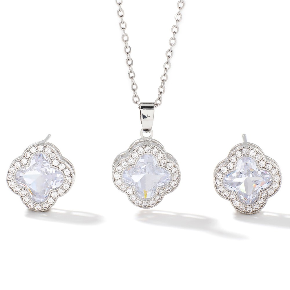 Sparkling CZ Pavé Halo 4-Leaf Clover Earrings & Necklace Set in White