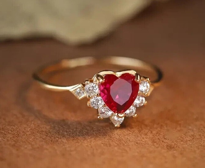 14K Yellow Gold Plated In 2Ct Heart Cut Simulated Red Ruby Women's Wedding Ring
