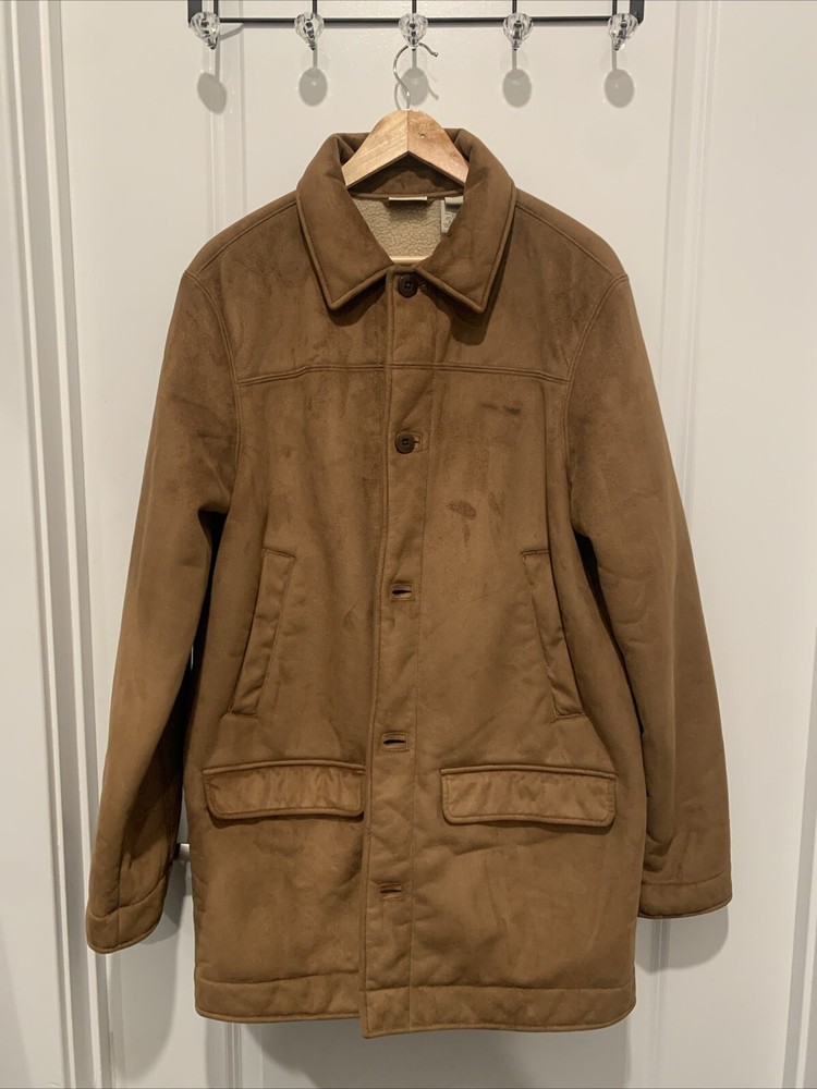 LL BEAN Jacket Coat Sherpa Lined Mens Faux Suede Brown Ranch Size Large Tall