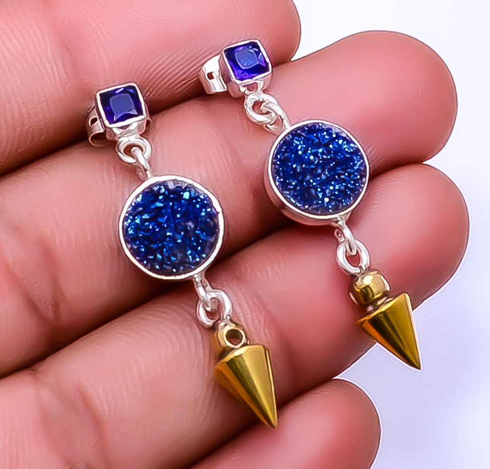 Electric Blue Titanium Agate Drusy 925 Sterling Silver Two Tone Earring 1.50