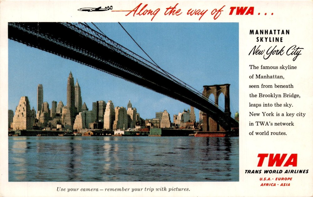 MANHATTAN, SKYLINE, New York City, Brooklyn Bridge, TWA, TRANS Postcard