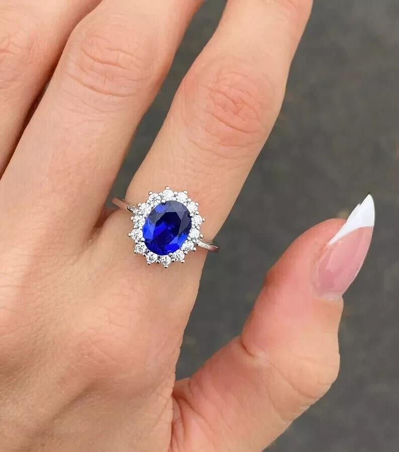 3.85 Ct Oval Cut Natural Sapphire & Diamond Wedding Ring 14K White Gold Solid