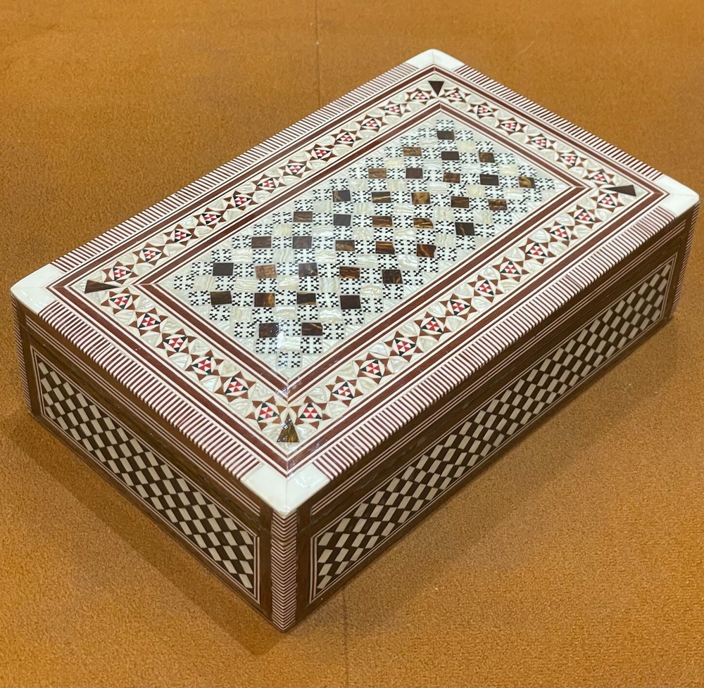 Handmade 8-Inch Egyptian Wood Jewelry Box with Mother of Pearl Inlay