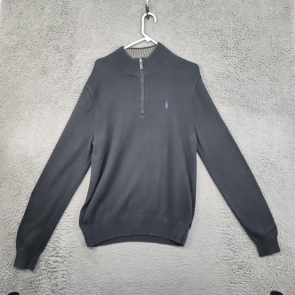 Polo Ralph Lauren Sweater Mens Medium Black Cotton Quarter Zip Mock Neck Pony