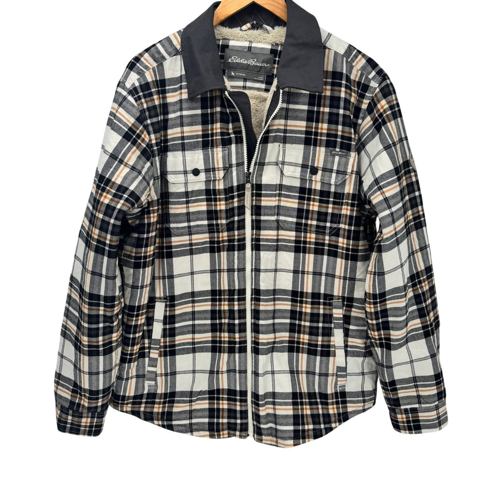 Eddie Bauer Men's Large Sherpa-Lined Flannel Jacket with Pockets Full Zip Plaid
